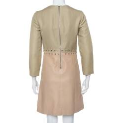 Pre Owned Chloe Beige Linen & Leather Long Sleeve Dress S