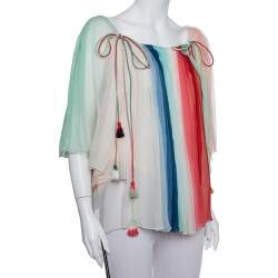 Pre Owned Chloe Multicolor Silk Crepe Tie Detail Paneled Overlay Off Shoulder Top S