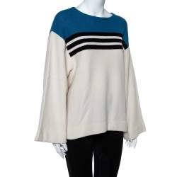 Pre Owned Chloe Cream & Blue Striped Cashmere Wide Sleeve Sweater M
