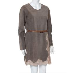 Chloe Grey Suede Lace Trim Detail Belted Dress S