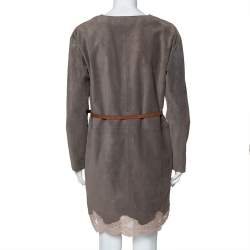 Chloe Grey Suede Lace Trim Detail Belted Dress S