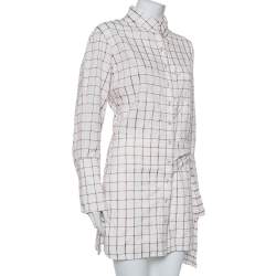 مملوكة مسبقًا فستان قصير كلوي ميني تفاصيل ربطة خصر قطن كاروهات بني وأبيض مقاس متوسط