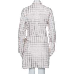 مملوكة مسبقًا فستان قصير كلوي ميني تفاصيل ربطة خصر قطن كاروهات بني وأبيض مقاس متوسط