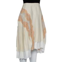 Chloe Cream Silk Chiffon lace trim Asymmetric hem Detail Pleated Midi Skirt M