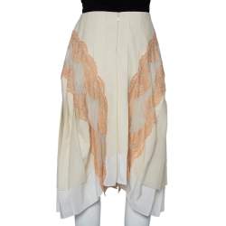Chloe Cream Silk Chiffon lace trim Asymmetric hem Detail Pleated Midi Skirt M