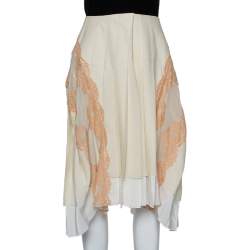 Chloe Cream Silk Chiffon lace trim Asymmetric hem Detail Pleated Midi Skirt M