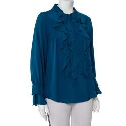 Pre Owned Chloé Ocean Blue Silk Button Front Ruffled Top L