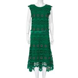 Pre Owned Chloé Green Guipure Lace Asymmetric Hem Midi Dress M