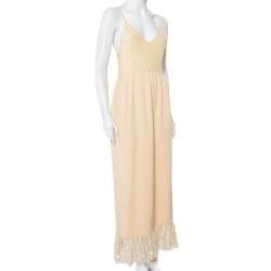 Chloe Vintage Beige Silk & Crepe Paneled Lace Trim Maxi Dress M