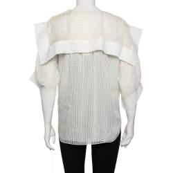 Pre Owned Chloe White Striped Silk & Cotton Overlay Detail Top M