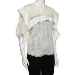 Pre Owned Chloe White Striped Silk & Cotton Overlay Detail Top M