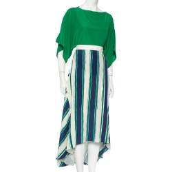 Pre Owned Chloe Green Silk Oversized Top & Striped Asymmetric Hem Skirt S