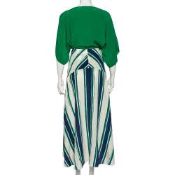 Pre Owned Chloe Green Silk Oversized Top & Striped Asymmetric Hem Skirt S