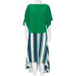 Pre Owned Chloe Green Silk Oversized Top & Striped Asymmetric Hem Skirt S