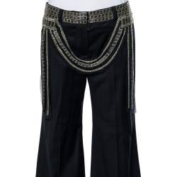 Pre Owned Chloe Vintage Black Wool Embellished Waist Detail Wide Leg Pants M