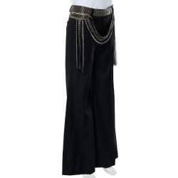 Pre Owned Chloe Vintage Black Wool Embellished Waist Detail Wide Leg Pants M