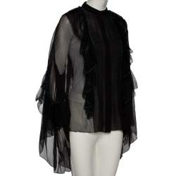 Pre Owned Chloe Black Silk Chiffon Ruffled Oversized Sheer Top M