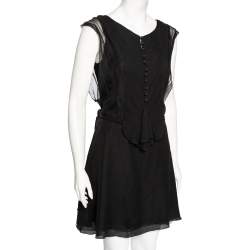 Pre Owned Chloe Black Silk Ruffled Detail Button Front Belted Dress M