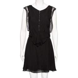 Pre Owned Chloe Black Silk Ruffled Detail Button Front Belted Dress M