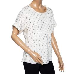 Pre Owned Chloe Cream Textured Silk Round Neck Short Sleeve Top L