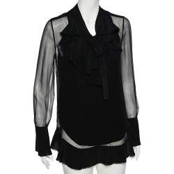 Pre Owned Chloe Black Silk Ruffled Trim Detail Long Sleeve Blouse S