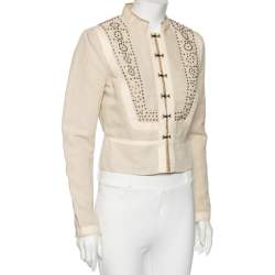 Pre Owned Chloe Beige Cotton & Linen Embellished Cropped Jacket M