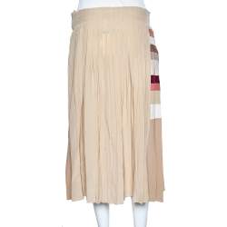 Pre Owned Chloe Cream Striped Detail Silk Pleated Midi Skirt M