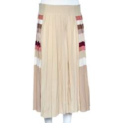 Pre Owned Chloe Cream Striped Detail Silk Pleated Midi Skirt M