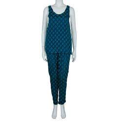 Chloe Cyan Blue Crinkled Silk Jacquard Top And Pants Set S