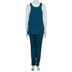 Chloe Cyan Blue Crinkled Silk Jacquard Top And Pants Set S