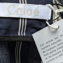 Pre Owned Chloe Navy Blue & Ecru Striped Silk Ruffled Belted Midi Dress L