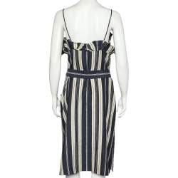 Pre Owned Chloe Navy Blue & Ecru Striped Silk Ruffled Belted Midi Dress L