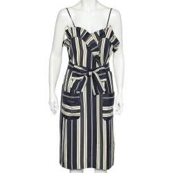Pre Owned Chloe Navy Blue & Ecru Striped Silk Ruffled Belted Midi Dress L