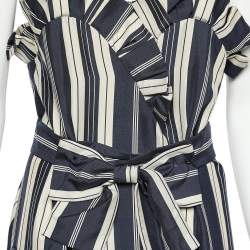 Pre Owned Chloe Navy Blue & Ecru Striped Silk Ruffled Belted Midi Dress L