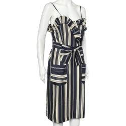 Pre Owned Chloe Navy Blue & Ecru Striped Silk Ruffled Belted Midi Dress L