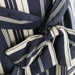 Pre Owned Chloe Navy Blue & Ecru Striped Silk Ruffled Belted Midi Dress L