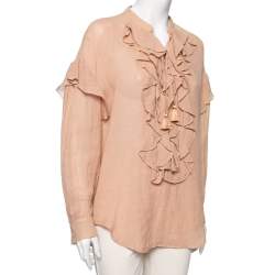 Chloe Beige Cotton Ruffle and Lace Up Front Blouse M