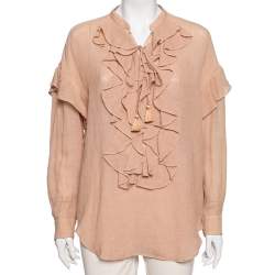 Chloe Beige Cotton Ruffle and Lace Up Front Blouse M