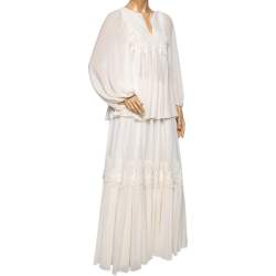 Chloe Cream Crinkle Silk Lace Trim Detailed Blouse and Skirt S