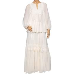 Chloe Cream Crinkle Silk Lace Trim Detailed Blouse and Skirt S