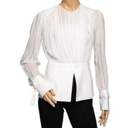 Pre Owned Chloe Dusky White Silk Ruched Long Sleeve Blouse S