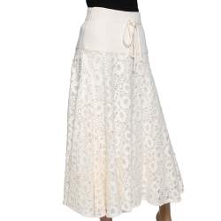 Pre Owned Chloe White Lace & Knit Midi Skirt M