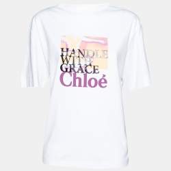 Pre Owned Chloe White Cotton Grace Print Crew Neck Top S