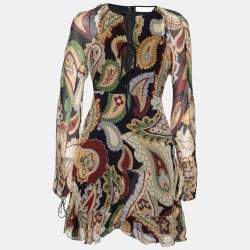 Pre Owned Chloe Multicolor Paisley Printed Silk Lace Front Ruffle Trim Hem Dress S