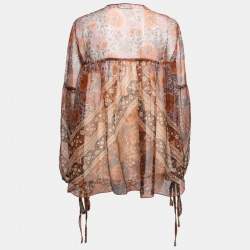 Chloe Rust Orange Printed Silk Chiffon Gathered Sleeve Detail Blouse L