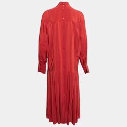 Pre Owned Chloe Brick Red Silk Pleated Button Front Shirt Dress M