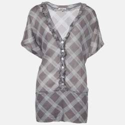 Chloe Grey Check Print Cotton Ruffle Detail Oversized Blouse L