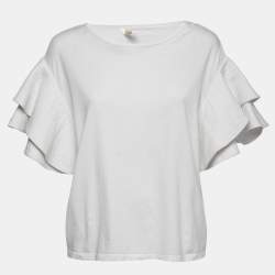 Pre Owned Chloe White Cotton Ruffled Sleeve Round Neck Top XL