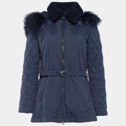 Pre Owned Chloe Dark Navy Synthetic Detachable Fur Hoodie Puffer Coat M