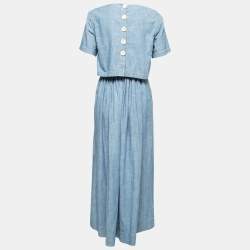 Pre Owned Chloe Blue Chambray Overlay Detailed Short Sleeve Maxi Dress M